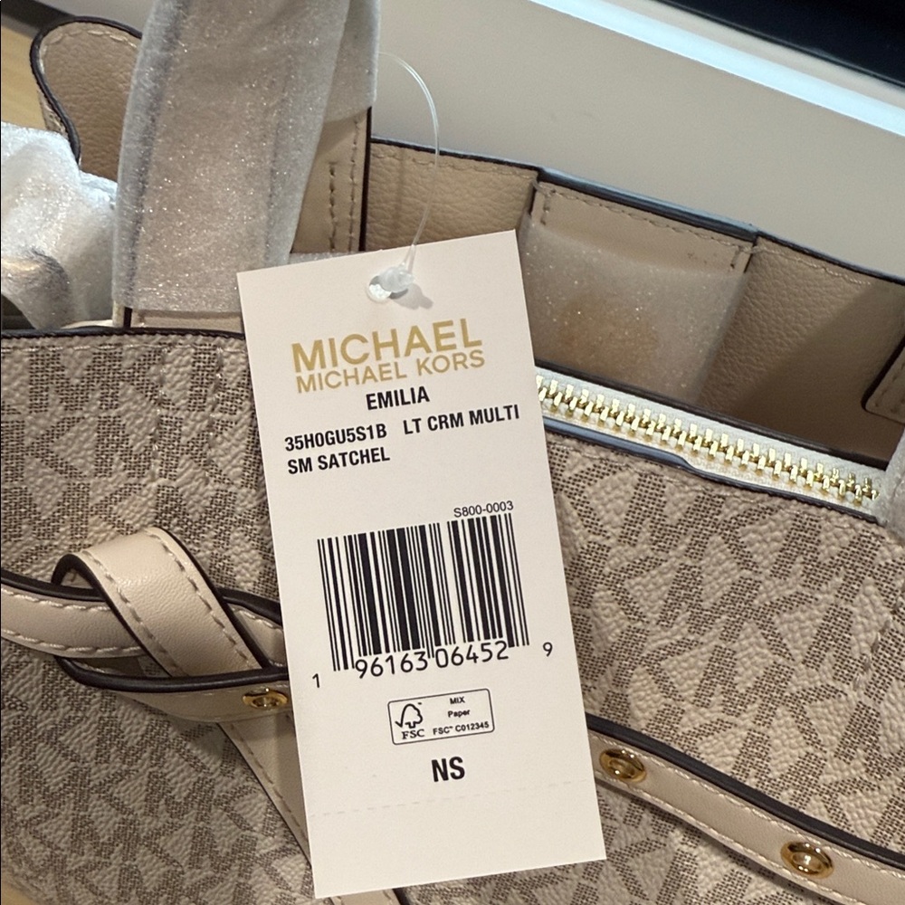 New! Michael Kors Cream Monogram Emilia Small Pebbled Leather Satchel. - Picture 3 of 5